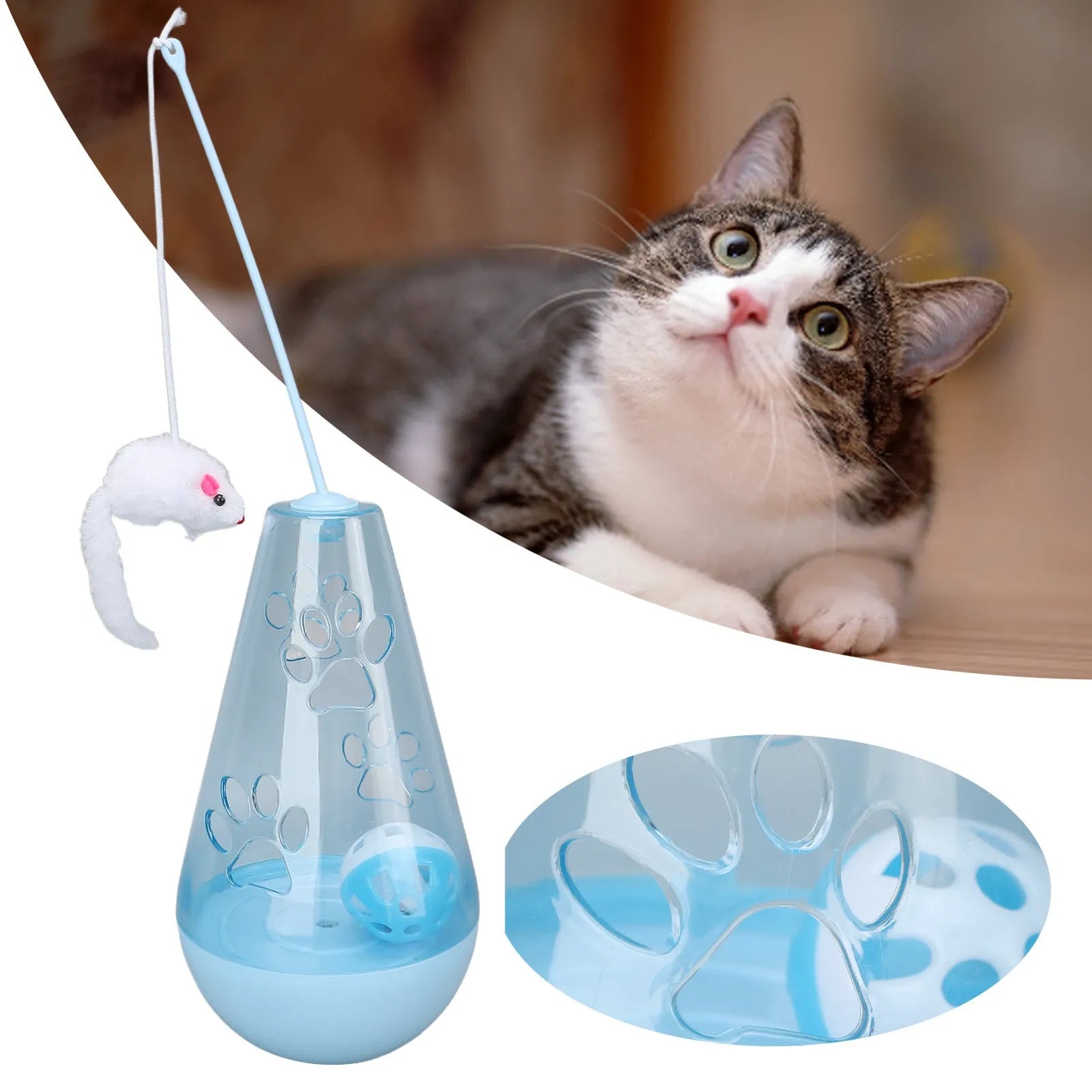 Blue and yellow cat toy with bell ball and plush mouse wand for indoor play