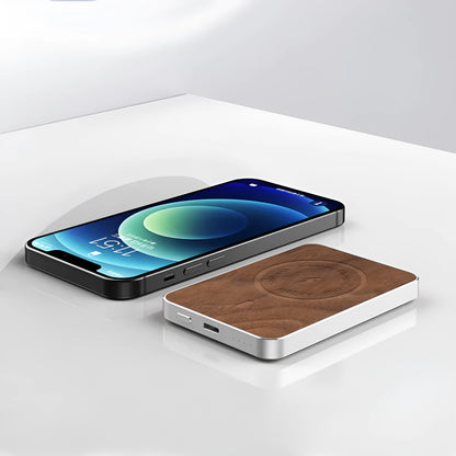Khaki aluminium alloy wireless charging power bank with magnetic suction and USB port