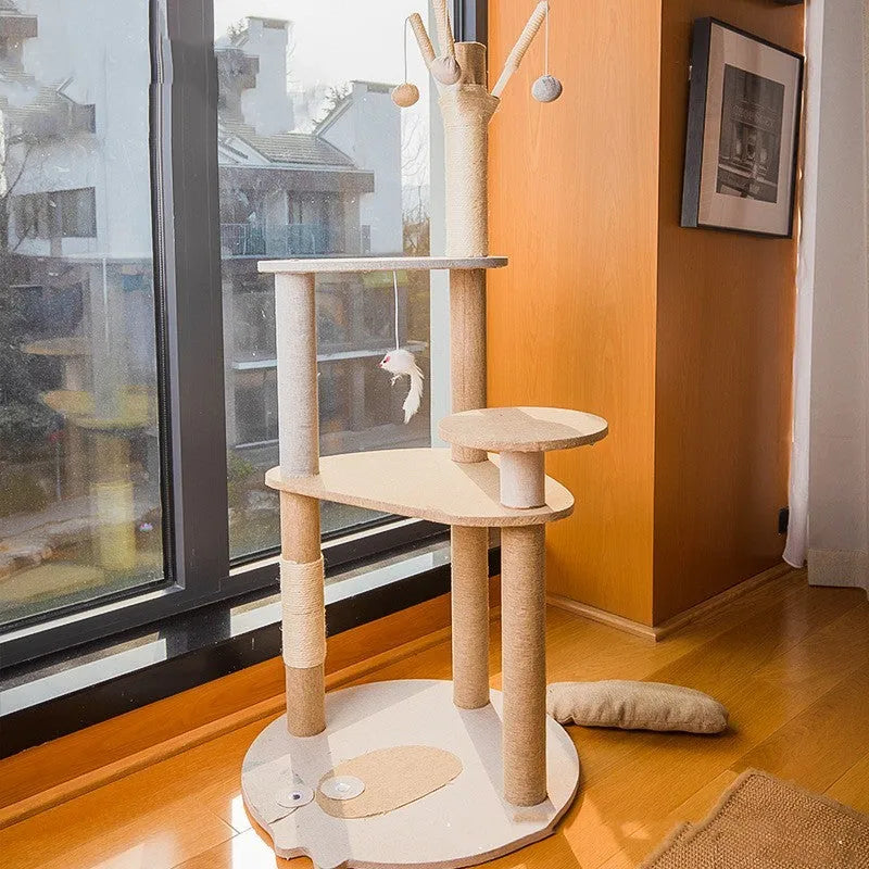 Large wooden cat tree with integrated shelf in Upgrade or Luxury colour for indoor cats