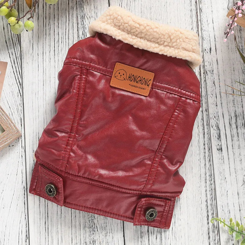 Red PU leather pet coat with fleece lining shown on dog model