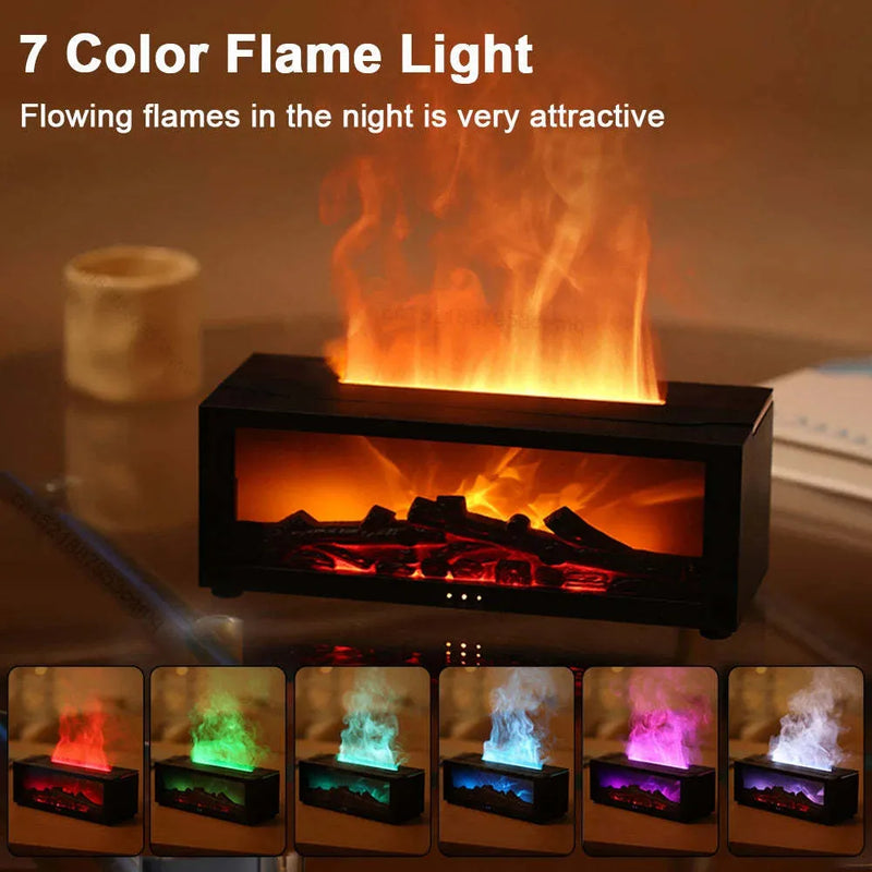 Essential oil diffuser with realistic 3D flame effect, large 150ml water tank for home use, 7 colour mood lighting, adjustable mist output, timer functions, and ultra-quiet 30dB operation in a square retro-style design.
