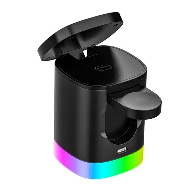 3-in-1 wireless charging station with magnetic functionality and smart lighting for smartphones, smartwatches, and earbuds