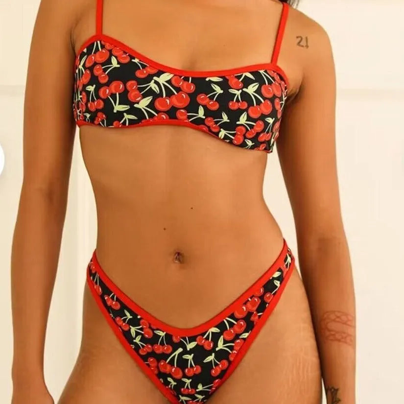 Women's cherry print polyester bikini swimsuit with tube top and briefs