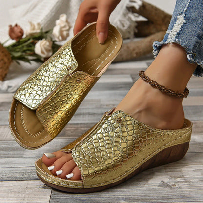 Stylish crocodile-embossed wedge sandals for women in various colors and sizes