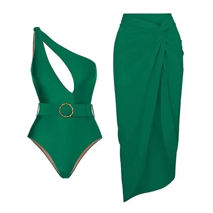 Women's polyester swimsuit with gauze skirt in double shoulder or oblique shoulder designs