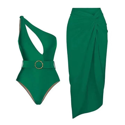 Women's polyester swimsuit with gauze skirt in double shoulder or oblique shoulder designs