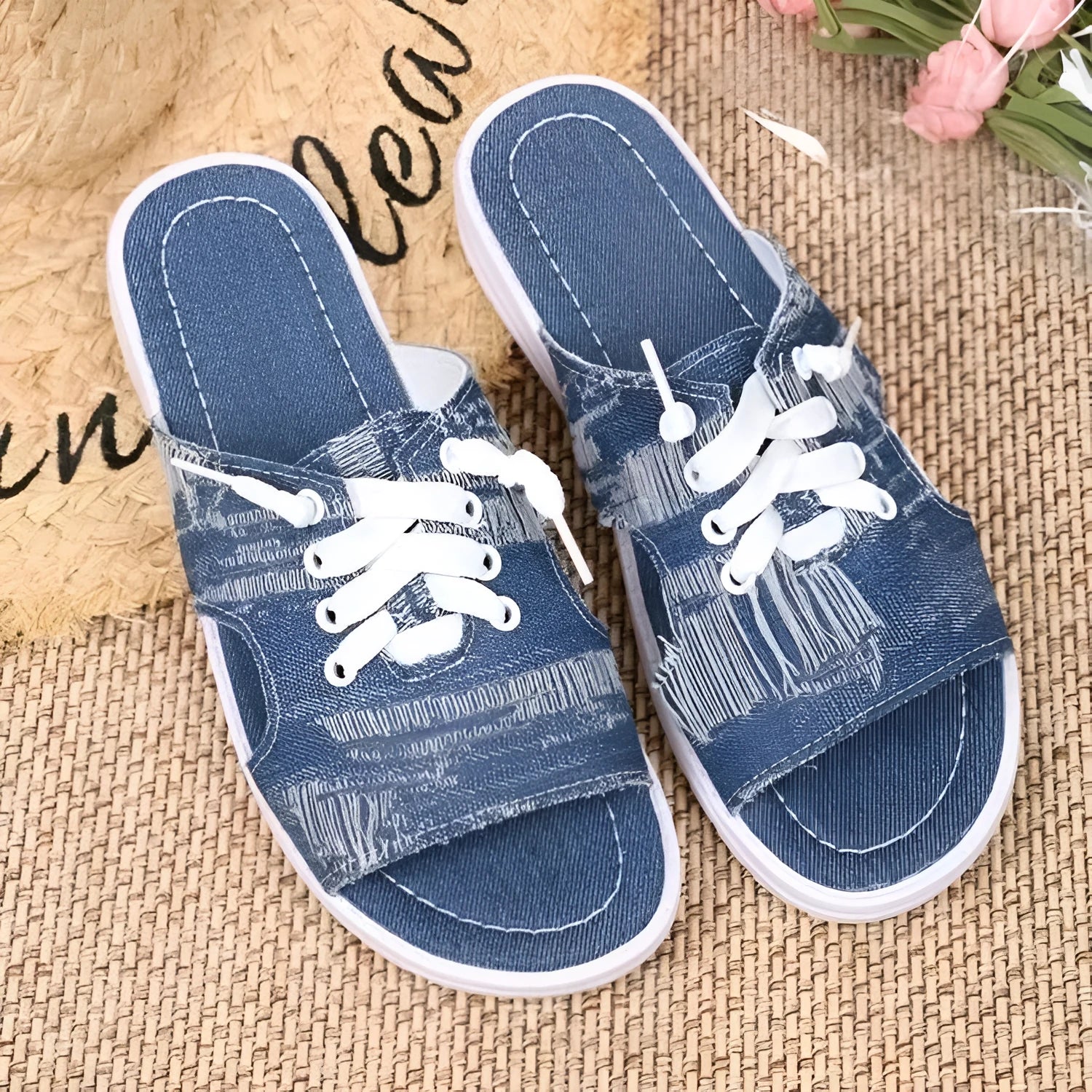 Blue Roman style flat canvas slippers with rubber soles for women in various sizes