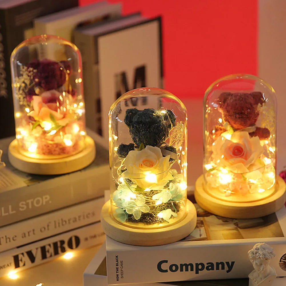 Eternal preserved rose and teddy bear gift box with warm LED lights