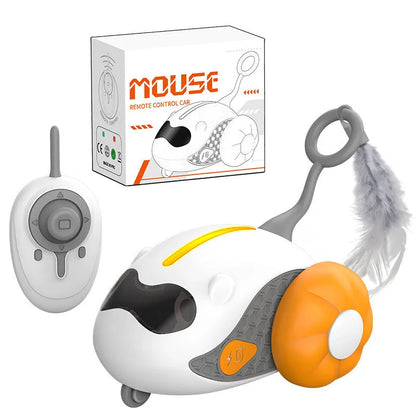 Remote control car cat toy with feather attachment in blue or orange colour