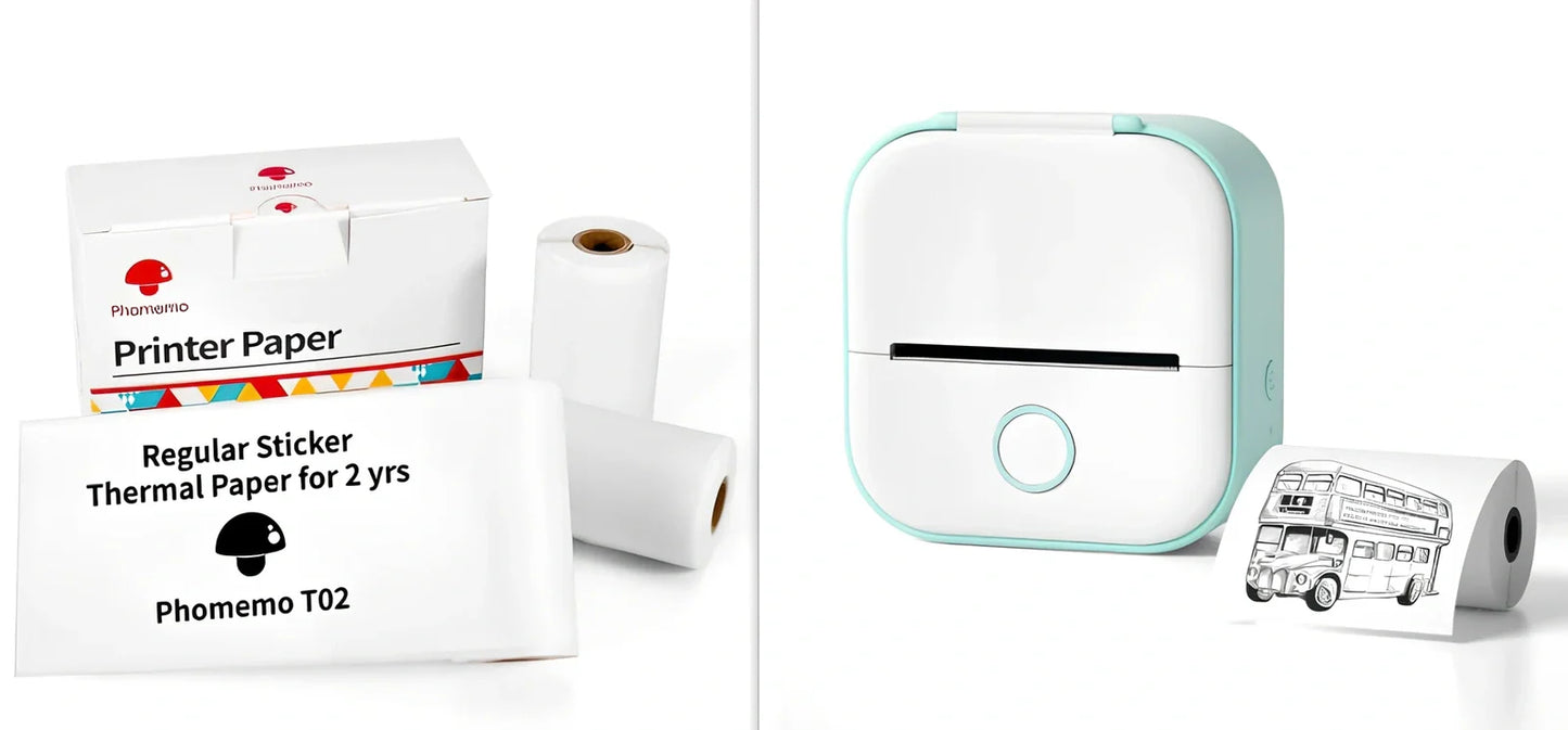 White mini pocket Bluetooth thermal label printer, 87x90x40mm size, with sample paper roll and USB charging