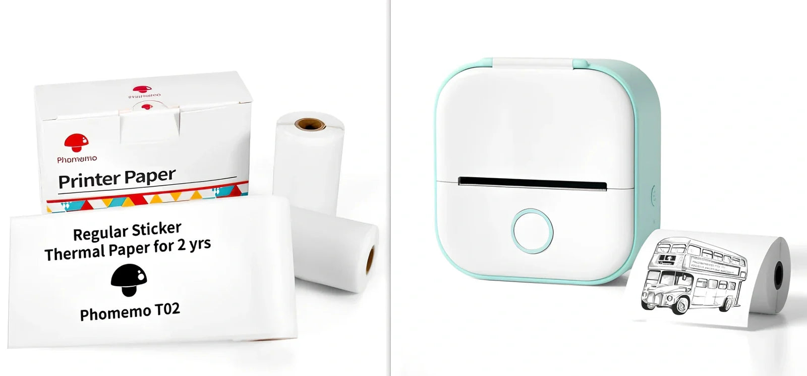 White mini pocket Bluetooth thermal label printer, 87x90x40mm size, with sample paper roll and USB charging