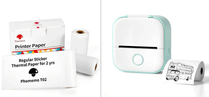 White mini pocket Bluetooth thermal label printer, 87x90x40mm size, with sample paper roll and USB charging