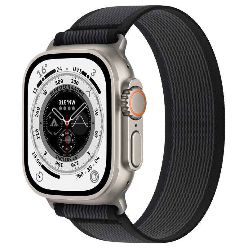 Nylon Apple Watch band with single ring strap closure in multiple colour options on a wrist
