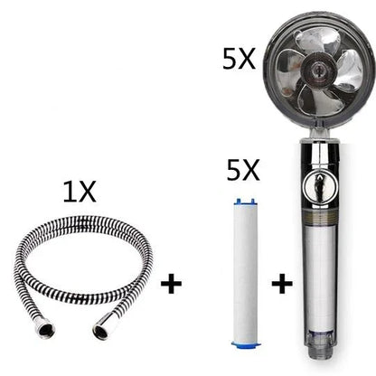 A high-pressure handheld shower head with a turbo-charged water flow and a cotton filter for a luxurious, spa-like bathing experience.