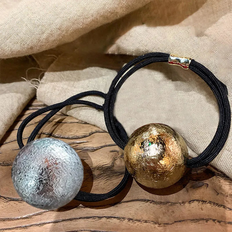 Resin ball hair band with electroplated gold finish, round head rope style design