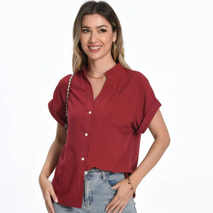 Women's loose-fit button-collar summer top in Army Green with short raglan sleeves.