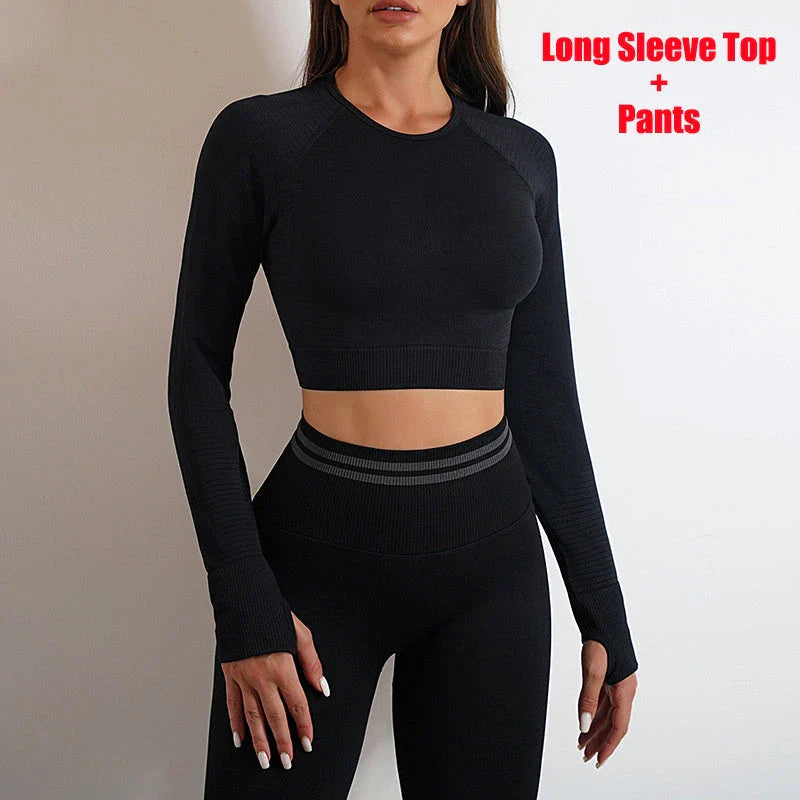 Seamless yoga leggings and long sleeve workout tops in various colors and styles