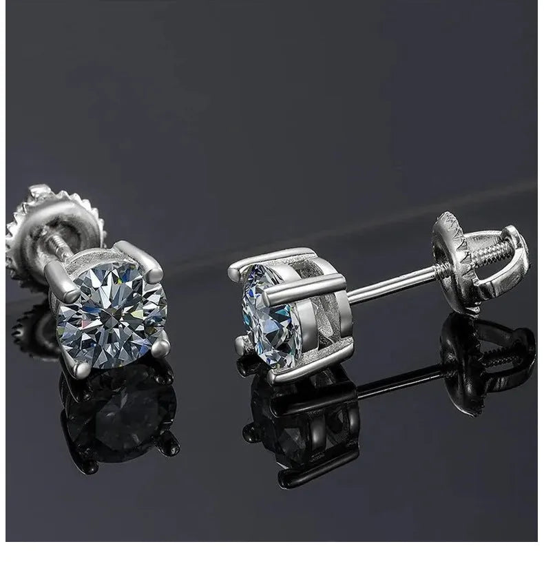 Silver four claw screw back moissanite stud earrings with geometric stone on a 7mm wide setting.