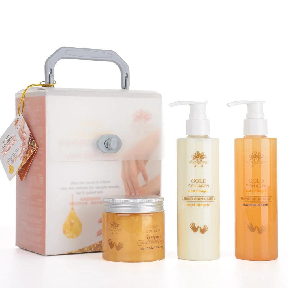 Gold Collagen Hand Care Set with five products totalling 1010g content including cleansing gel, scrub, massage cream, hand mask, hand cream and rose oil
