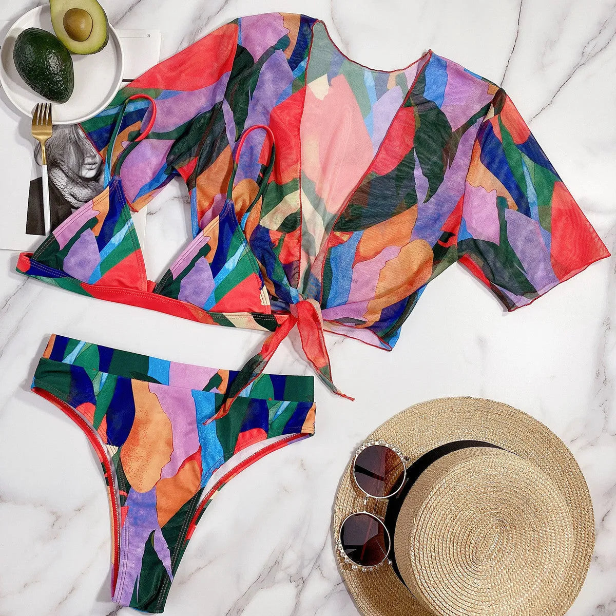 Red women's printed split swimsuit with briefs and bikini styling for swimming
