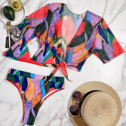 Red women's printed split swimsuit with briefs and bikini styling for swimming