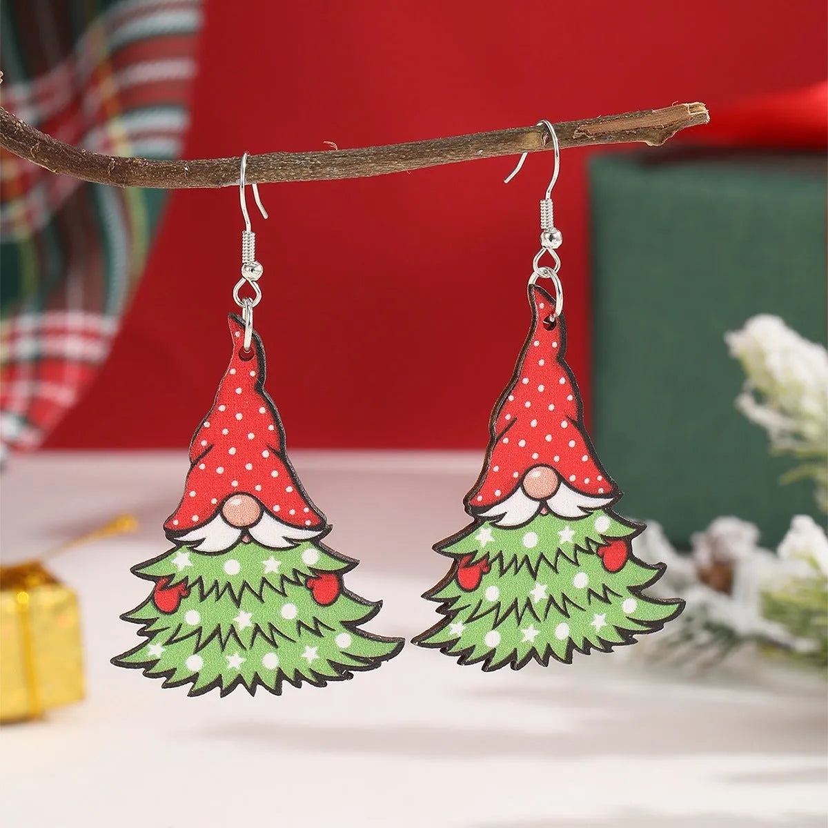 Geometric wooden Christmas earrings with printed Santa Claus motifs in Christmas tree and water drop snowman designs