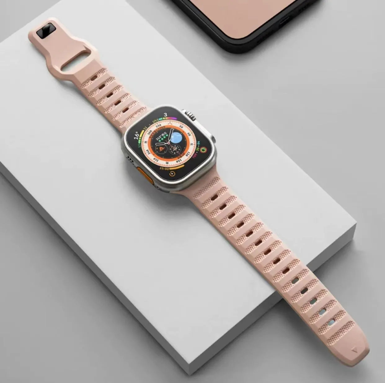 Fluoro rubber Apple Watch strap with T-buckle closure in black, orange, grey, starlight, pink or blue