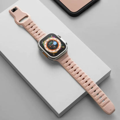 Fluoro rubber Apple Watch strap with T-buckle closure in black, orange, grey, starlight, pink or blue