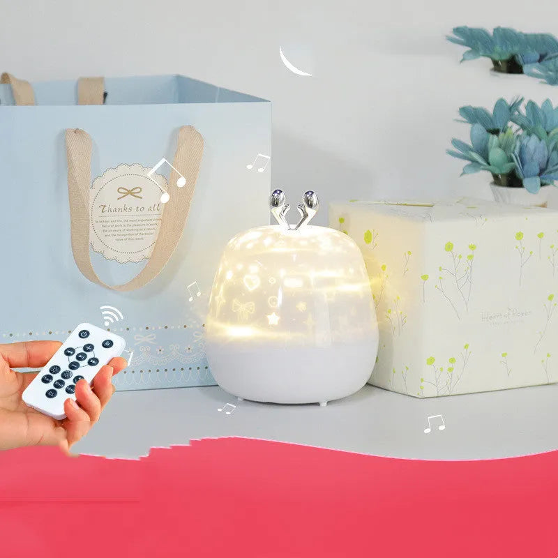 Children's starry sky LED projector with music, ABS shade, 3W, USB powered, 115.9 x 118.7 x 118.7 mm, with projection film and cable.