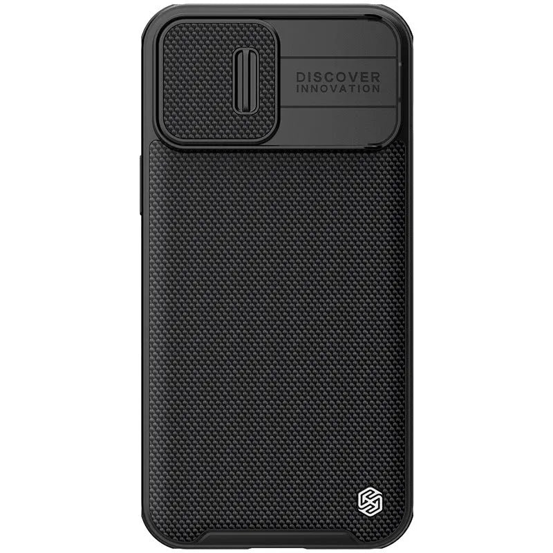 Black textured sliding protective phone case for iPhone 13 Pro Max on a table.