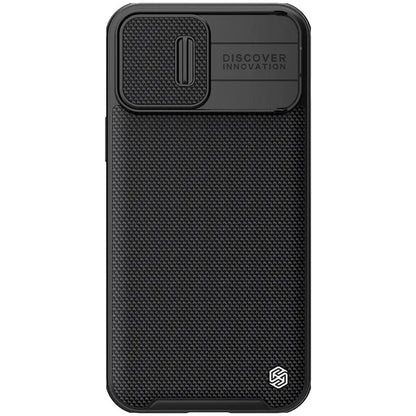 Black textured sliding protective phone case for iPhone 13 Pro Max on a table.