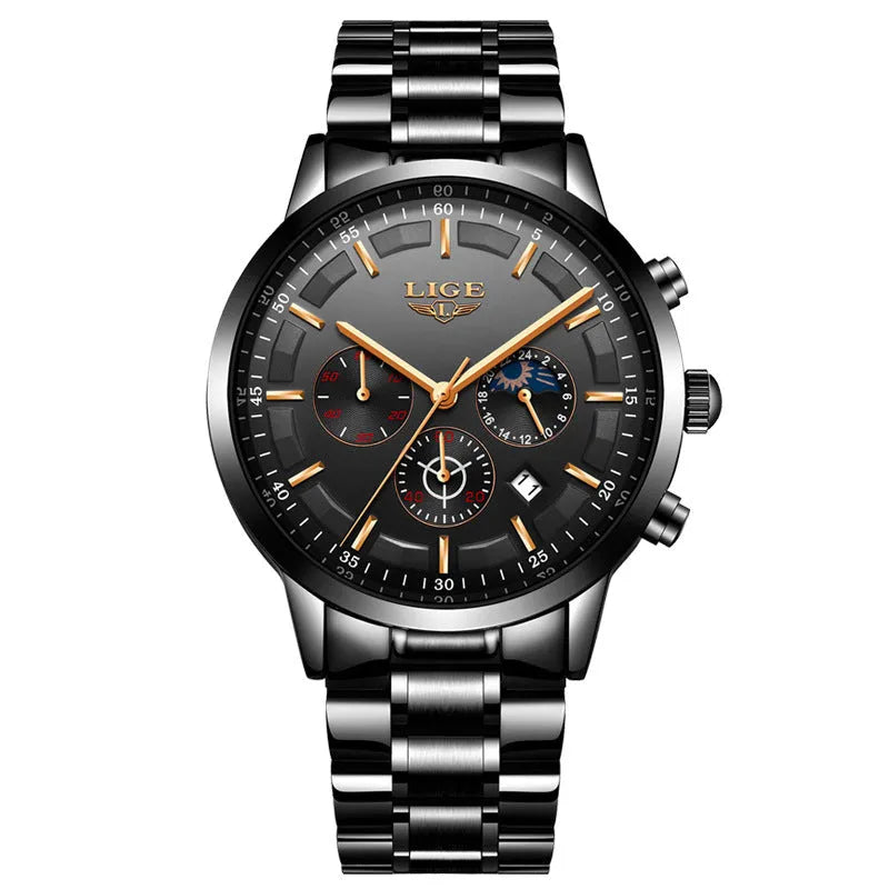 Men's waterproof sports watch in black with blue and rose gold colour options