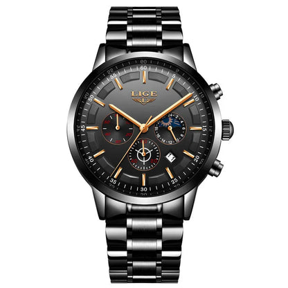 Men's waterproof sports watch in black with blue and rose gold colour options