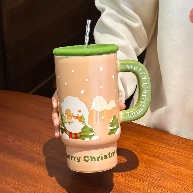 800ml white porcelain ceramic Christmas mug with cartoon pattern and cylindrical single-layer body