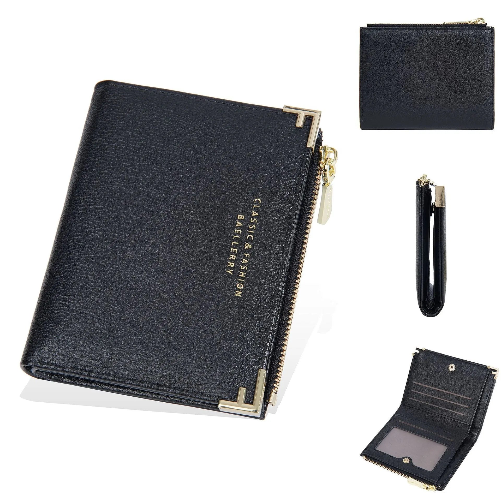 Compact women's wallet showing card slots and zipper coin purse in PU leather