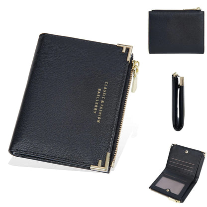 Compact women's wallet showing card slots and zipper coin purse in PU leather