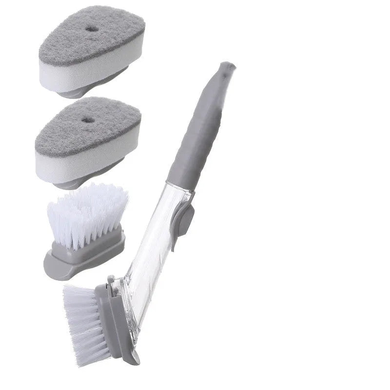 Long-handled 2-in-1 kitchen cleaning brush with removable brush head and integrated sponge