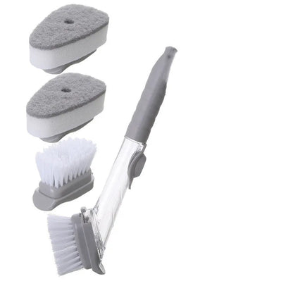 Long-handled 2-in-1 kitchen cleaning brush with removable brush head and integrated sponge