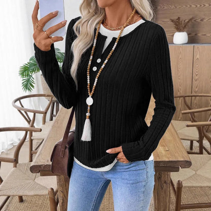 Women's black fake two-piece pullover sweater with concave stripe texture and round neck.