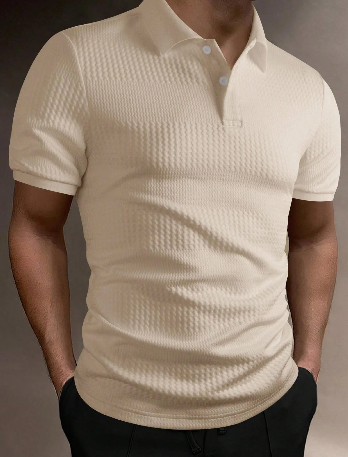 Men's striped loose fit polo shirt with short sleeves and asymmetric design detail in light blue.