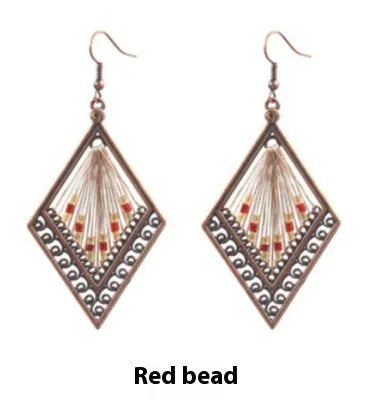 Bohemian geometric alloy earrings with colourful gold thread hand-woven detail, women's quadrilateral design, one pair