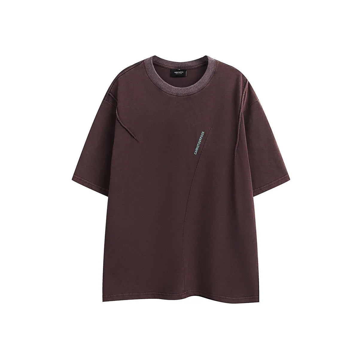 Purple loose-fit embroidered short-sleeve cotton t-shirt on a hanger, retro style.