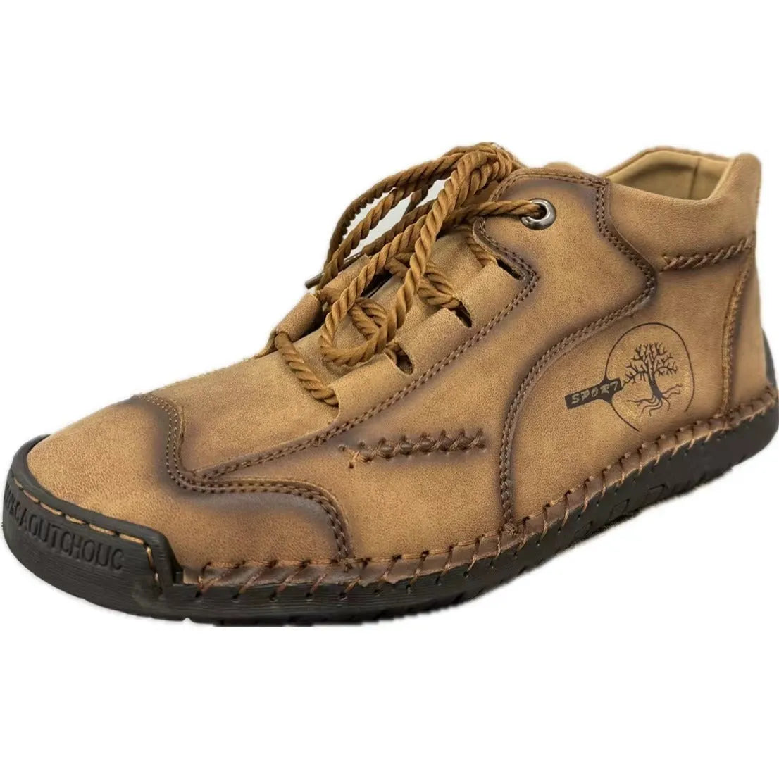 Men's brown leather mid-top boots with front lace-up and rubber sole
