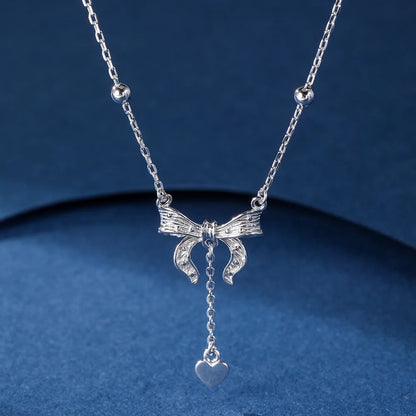 S925 sterling silver adjustable necklace with butterfly and heart pendant on O-ring chain
