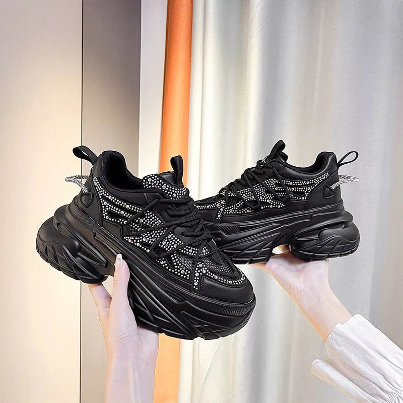 Women's summer mesh breathable sneakers with mid heel in black, white, and pink