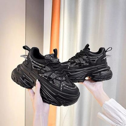 Women's summer mesh breathable sneakers with mid heel in black, white, and pink