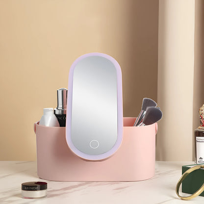Pink gradient makeup storage box with LED mirror open, showing internal compartments and USB charging port.