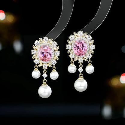 Oval geometric earrings with zircon inlaid details and pearl tassels in light purple colour