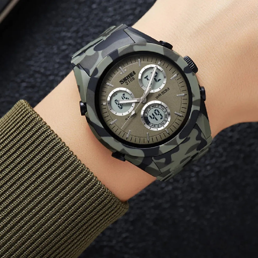 Electronic casual watch with resin mirror and TPU strap showing camouflage pattern, 50m water resistant
