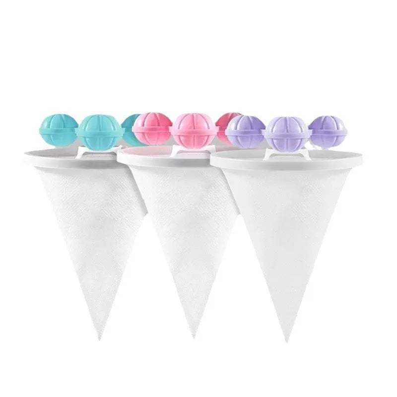 Three reusable washing machine hair filter bags in blue, pink, and purple colours for pet lint removal